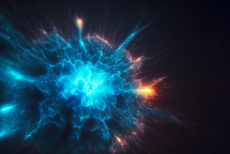 Abstract blue energy burst with electric protuberances. Futuristic explosion of glowing magic. Generative AI.の素材