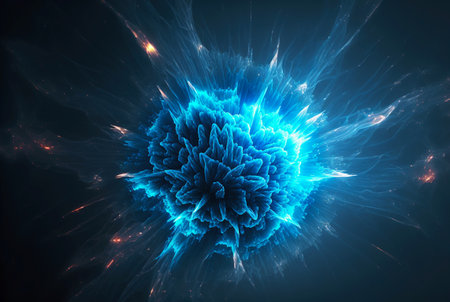 Abstract blue energy burst with electric protuberances. Futuristic explosion of glowing magic. Generative AI.の素材
