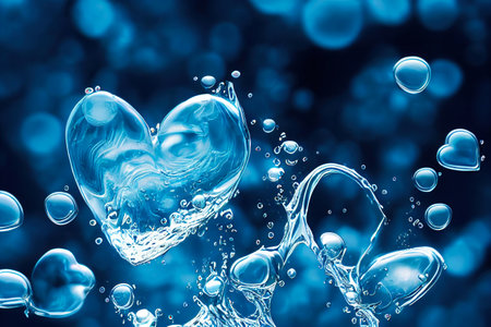 Heart-shaped water stream with bubbles, drops, splashes. Valentine's day concept. Generative AI.の素材