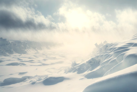Snow dunes panorama during blizzard. White and empty frozen scenic imaginary landscape. Generative AI.の素材