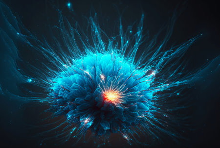 Abstract blue energy burst with electric protuberances. Futuristic explosion of glowing magic. Generative AI.の素材