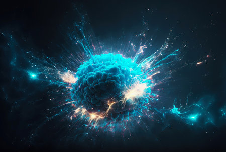Abstract blue energy burst with electric protuberances. Futuristic explosion of glowing magic. Generative AI.の素材