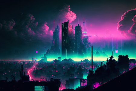 Skyline of cyberpunk neon city at night. Fog and glowing lights. Generative AI.の素材