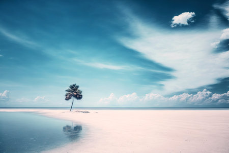 One palm on a empty white beach. Idyllic tropical seascape. Paradise beach. Generative AI.の素材