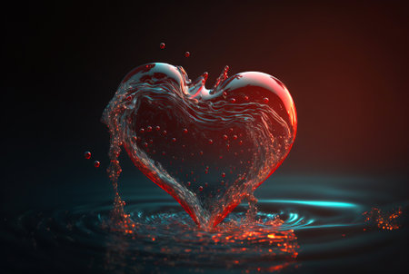 Heart-shaped red wine stream with bubbles, drops, splashes. Valentine's day concept. Generative AI.の素材