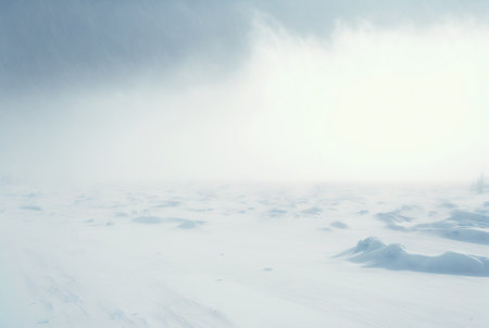 Snow dunes panorama during blizzard. White and empty frozen scenic imaginary landscape. Generative AI.の素材