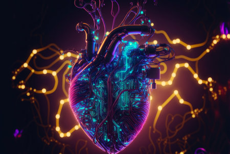 Cyber heart of Artificial Intelligence. Wires and circuit attached. Futuristic synthetic life. Generative AI.の素材