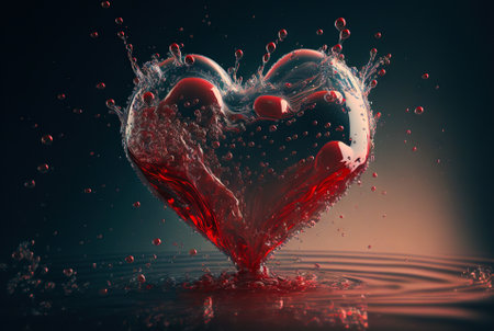 Heart-shaped red wine stream with bubbles, drops, splashes. Valentine's day concept. Generative AI.の素材