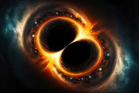 Two black holes absorbing each other. Strange universe. Generative AI.の素材