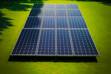 Solar panels row on a grass of green lawn. Solar energy generation. Renewable energetics. Generative AI.の素材