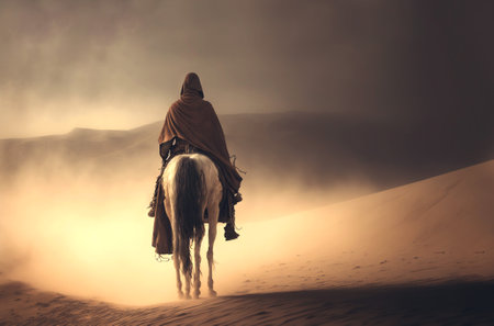 Man in coat on a horse, in a desert sands during the storm. Sand in a air, dusty mist. Generative AI.の素材