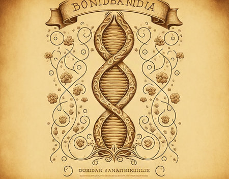 Ancient book illustration of DNA double helix. Generative AI.の素材