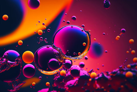 Abstract fluid color bubbles background. Oil colorful drops. Generative AI.の素材
