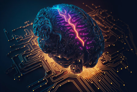 Cyber brain of Artificial Intelligence. Wires and circuit attached. Futuristic synthetic life. Generative AI.の素材