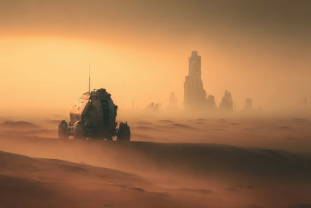 Futuristic cyberpunk city in desert dunes. Postapocalyptic megapolis in sand dunes. Generative AIの素材