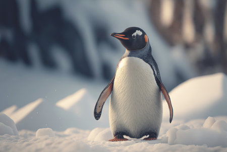 Adult penguin. Standing on snow. With beautiful snowy landscape behind. Generative AI.の素材