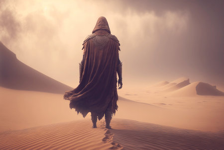 Man in coat stand in a desert sands during the storm. Sand in a air, dusty mist. Generative AI.の素材