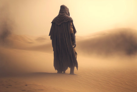 Man in coat stand in a desert sands during the storm. Sand in a air, dusty mist. Generative AI.の素材