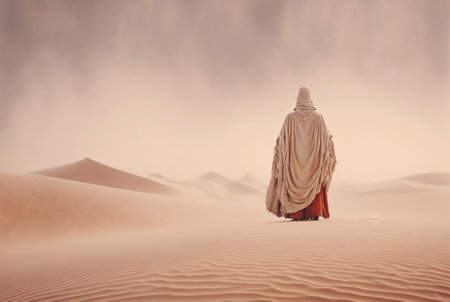 Man in white coat stand in a desert sands during the storm. Sand in a air, dusty mist. Generative AI.の素材