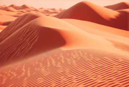 Desert sand landscape. Atmospheric scenic imaginary view. Clouds and sandstorm. Generative AI.の素材