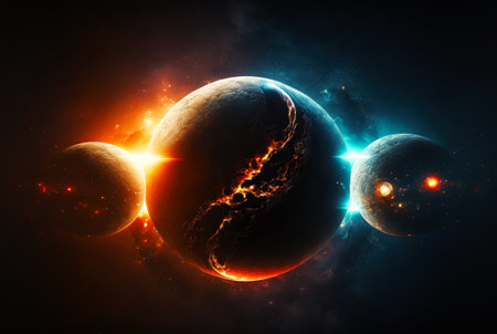 Triple planet system. Strange distant space worlds. Futuristic universe. Generative AI.の素材