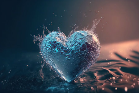 Heart-shaped water stream with bubbles, drops, splashes. Valentine's day concept. Generative AI.の素材