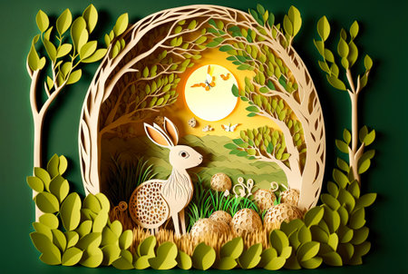 Paper cut background with rabbit and Easter eggs. Intricate details. Generative AI .の素材