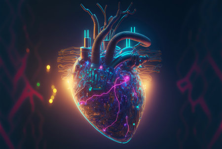 Cyber heart of Artificial Intelligence. Wires and circuit attached. Futuristic synthetic life. Generative AI.の素材