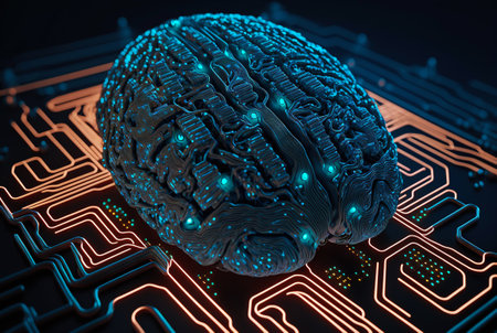 Cyber brain of Artificial Intelligence. Wires and circuit attached. Futuristic synthetic life. Generative AI.の素材