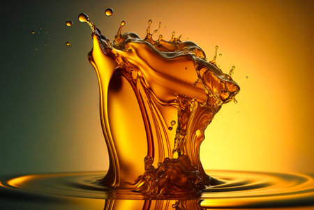 Golden splash of honey, oil, beer or juice. Macro of fluid flow. Generative AI.の素材