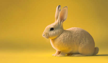 Cute little rabbit sitting on uniform yellow floor background. Generative AI.の素材