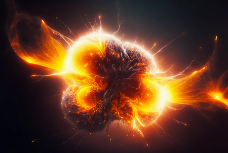 Abstract orange energy burst with electric protuberances. Futuristic explosion of glowing magic. Generative AI.の素材