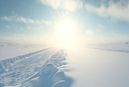 Snow dunes panorama during blizzard. White and empty frozen scenic imaginary landscape. Generative AI.の素材
