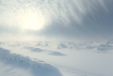 Snow dunes panorama during blizzard. White and empty frozen scenic imaginary landscape. Generative AI.の素材