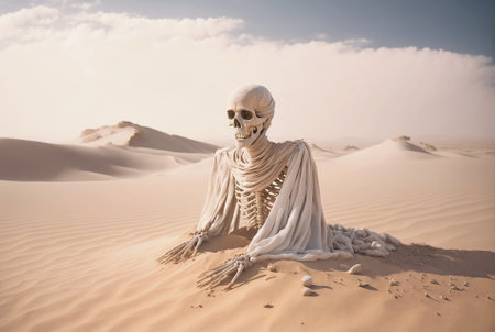 Human skeleton in desert sand. Dangerous wild landscape. Generative AI.の素材
