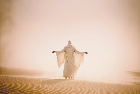 Man in coat stand in a desert sands during the storm, raising hands in praying gesture. Dusty mist. Generative AI.の素材
