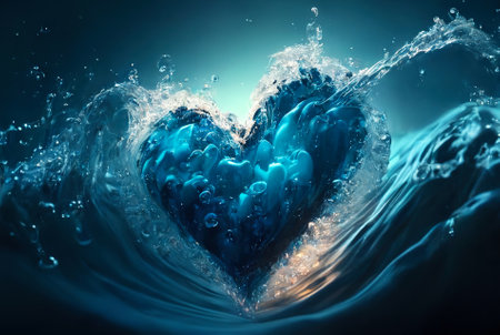 Heart-shaped water stream with bubbles, drops, splashes. Valentine's day concept. Generative AI.の素材