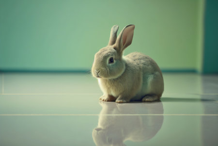 Cute little rabbit sitting on uniform floor background. Generative AI.の素材