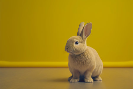 Cute little rabbit sitting on uniform yellow floor background. Generative AI.の素材