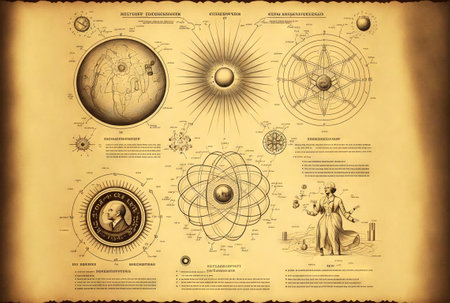 Ancient book illustration of quantum physics. Generative AI.の素材