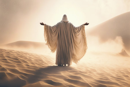 Man in coat stand in a desert sands during the storm, raising hands in praying gesture. Dusty mist. Generative AI.の素材