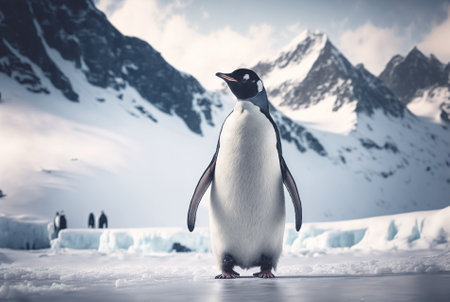 Adult penguin. Standing on snow. With beautiful snowy landscape behind. Generative AI.の素材