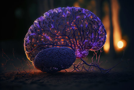Cyber brain of Artificial Intelligence. Wires and circuit attached. Futuristic synthetic life. Generative AI.の素材