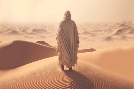 Man in white coat stand in a desert sands during the storm, looking on dunes empty landscape. Generative AI.の素材
