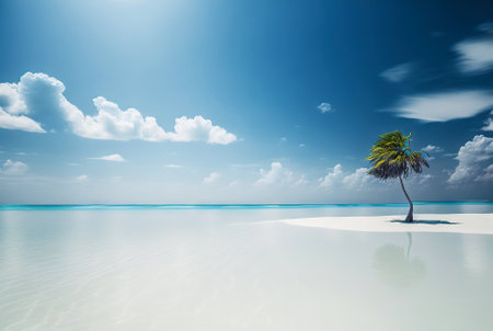 One palm on a empty white beach. Idyllic tropical seascape. Paradise beach. Generative AI.の素材