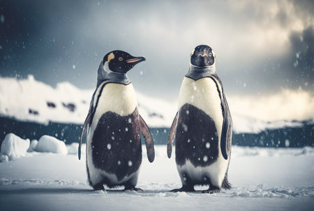 Two adult penguins. Standing on snow. Generative AI.の素材