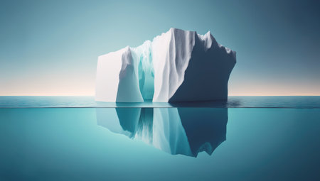 Submerged iceberg in a ocean. Splitwater image of white ice huge lump in water. Antarctic landscape. Generative AI.の素材