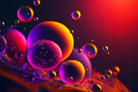 Abstract fluid color bubbles background. Oil colorful drops. Generative AI.の素材