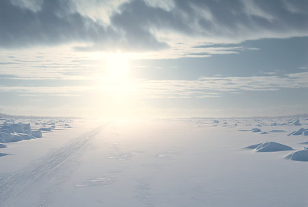 Snow dunes panorama during blizzard. White and empty frozen scenic imaginary landscape. Generative AI.の素材