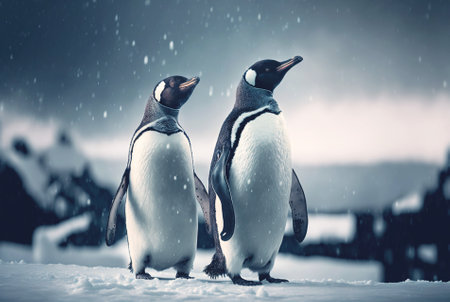Two adult penguins. Standing on snow. Generative AI.の素材